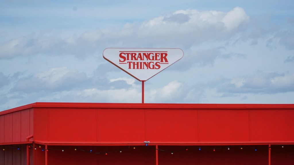 red building with sign displaying stranger things logo