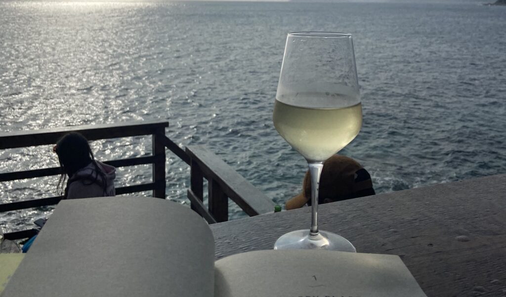 The book Happy Place open on a table next to a glass of wine on a table overlooking a body of water