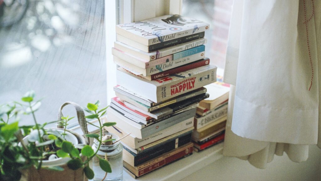 A stack of books tidily placed on a white windowsill. There's a green plant on the left and a white curtain on the right.