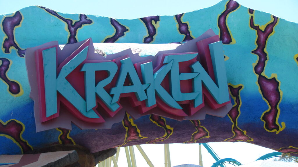 A sign reading 'Kraken' in big blue letters