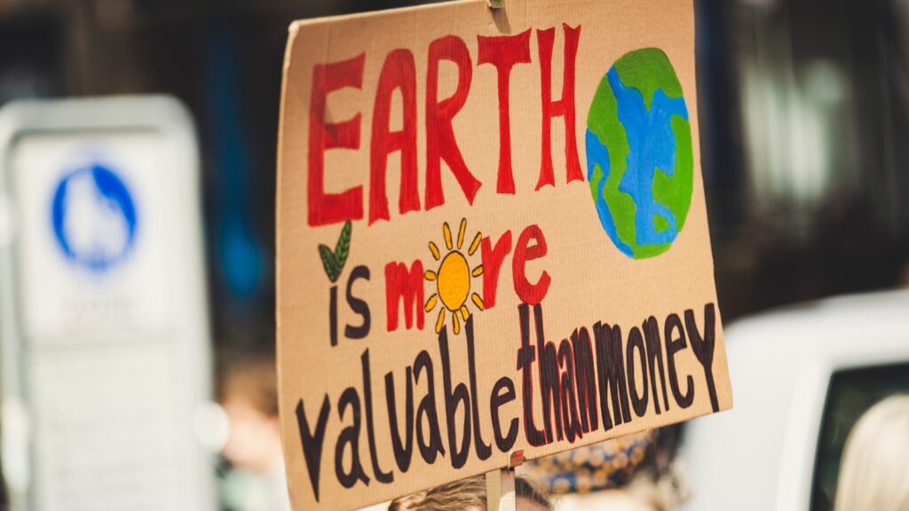 protest sign encouraging people to have a climate-conscious summer. it reads: "earth is more valuable than money".