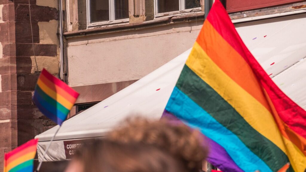 A rainbow pride flag is waving above a crowd of people. Flags like these can be seen in Heartstopper season two