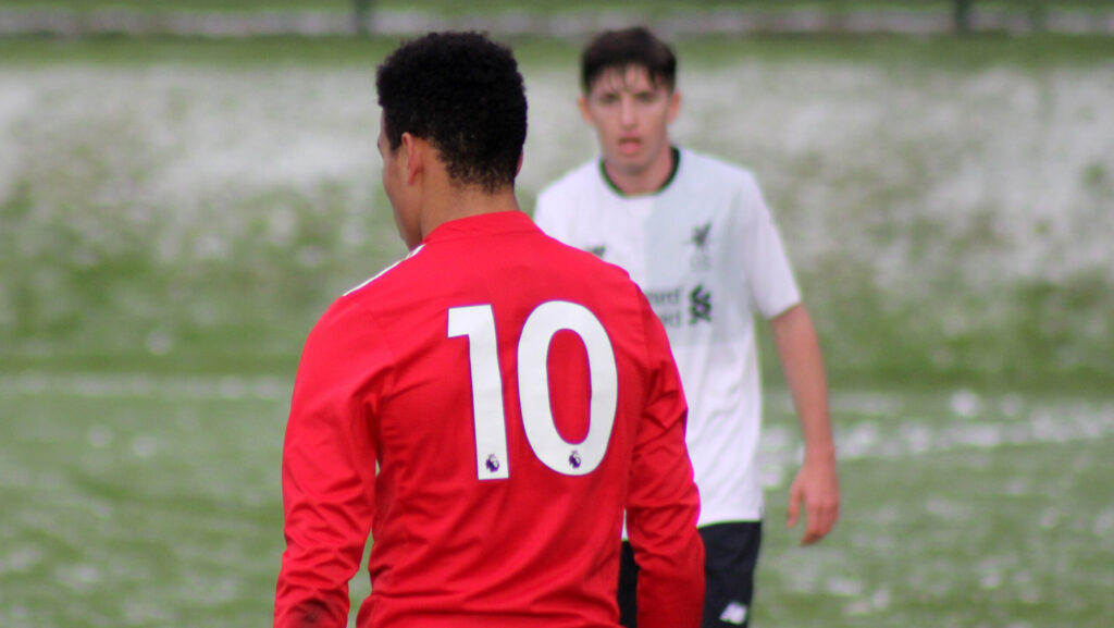 Mason Greenwood of Manchester United during the U18 Premier League match at The Cliff, Salford, England in 2017.