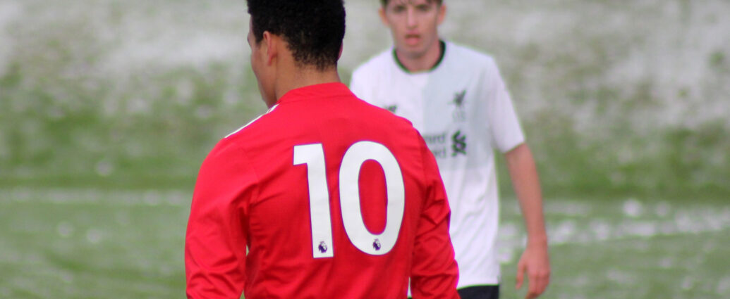 Mason Greenwood of Manchester United during the U18 Premier League match at The Cliff, Salford, England in 2017.