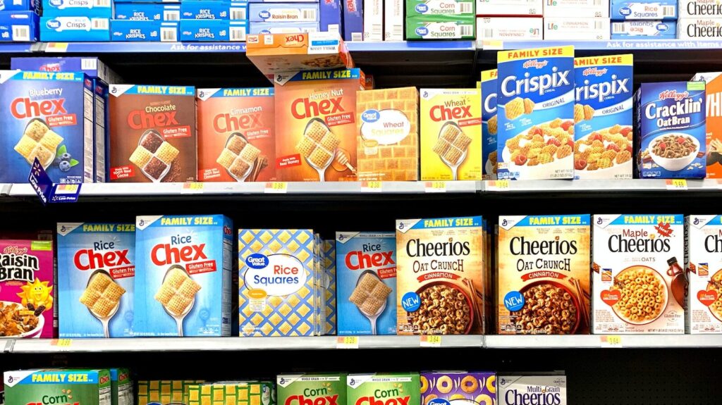 Shelves in a supermarket, filled with Ultra-Processed Food.