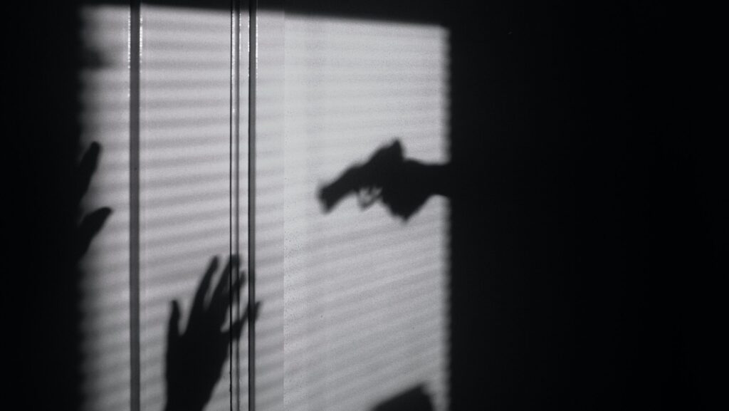 Image shows a shadow silhouette of an arm holding a gun.