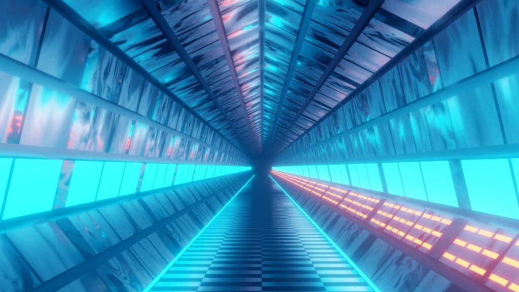 A futuristic, multi-coloured tunnel in outer space