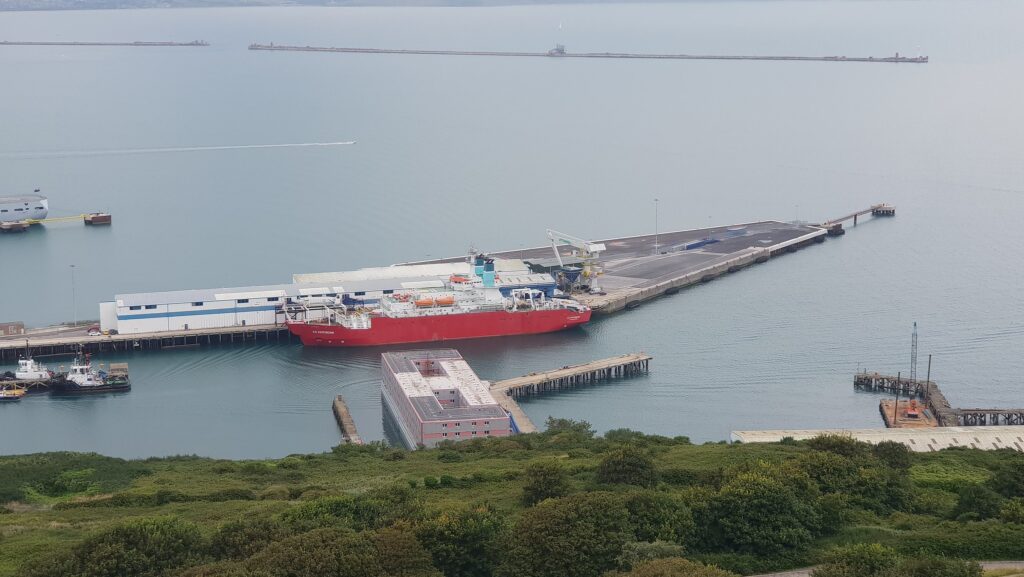 Image of the Bibby Stockholm Barge in Portland Port, Dorset to house asylum seekers