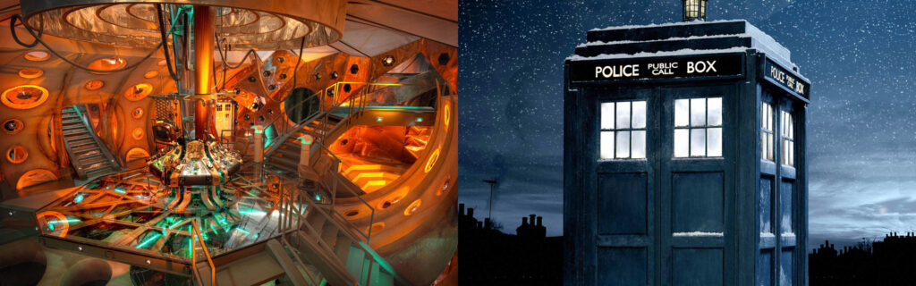 Image shows the TARDIS against a nighttime backdrop.