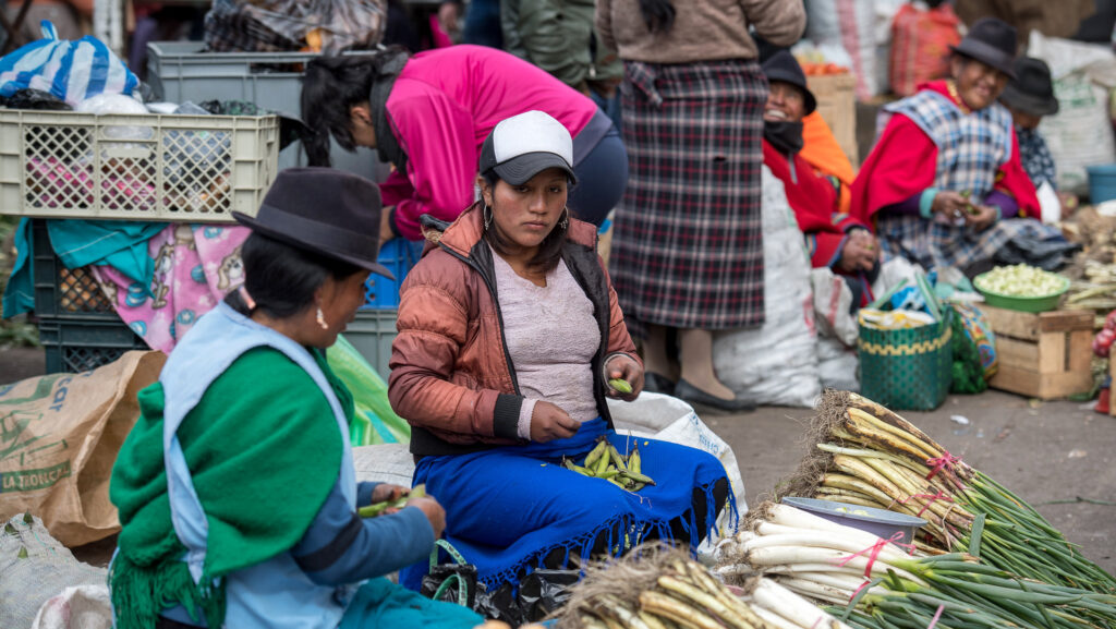 Two women sat behind a pile of vegetables on a busy market street in Ecuador.