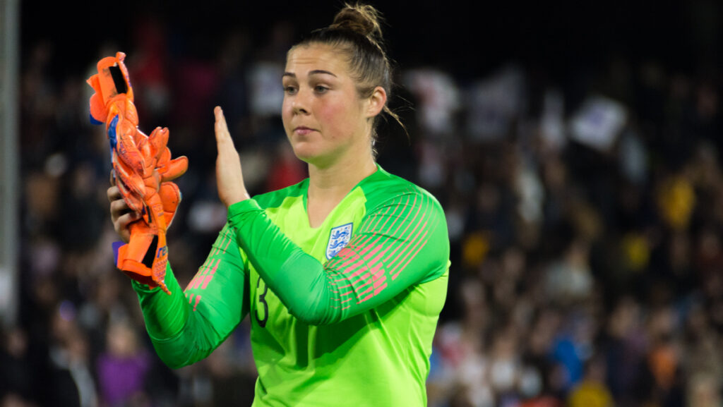 Mary Earps on the pitch during England vs. Australia, 2018.