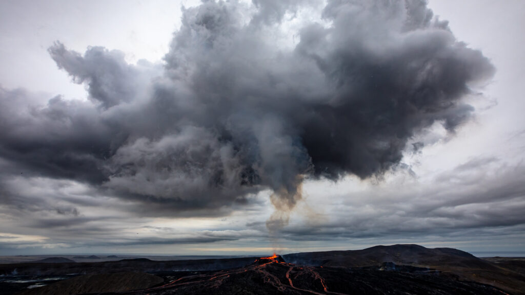 Smoke cloud over Geldingadalir volcano, Iceland, in August 2021.