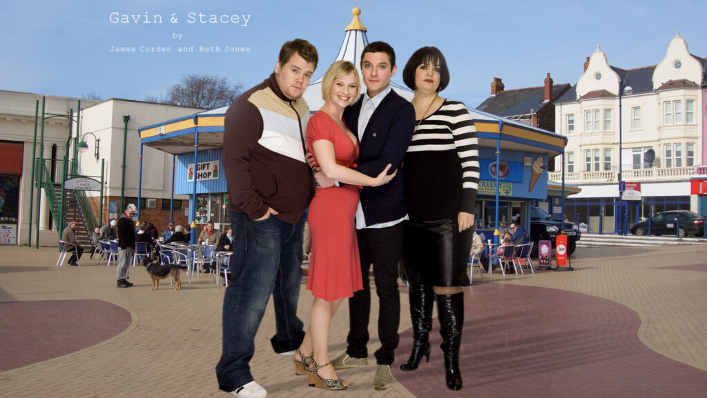 Gavin and Stacey with Nessa and Smithy standing on Barry Pier