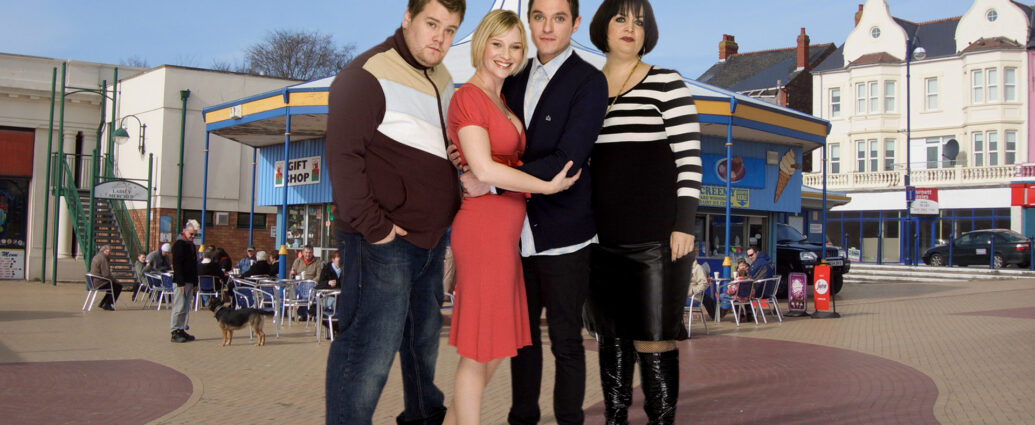 Gavin and Stacey with Nessa and Smithy standing on Barry Pier