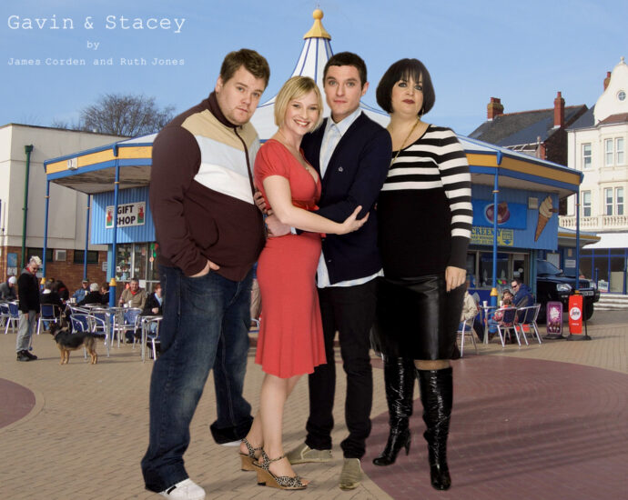 Gavin and Stacey with Nessa and Smithy standing on Barry Pier