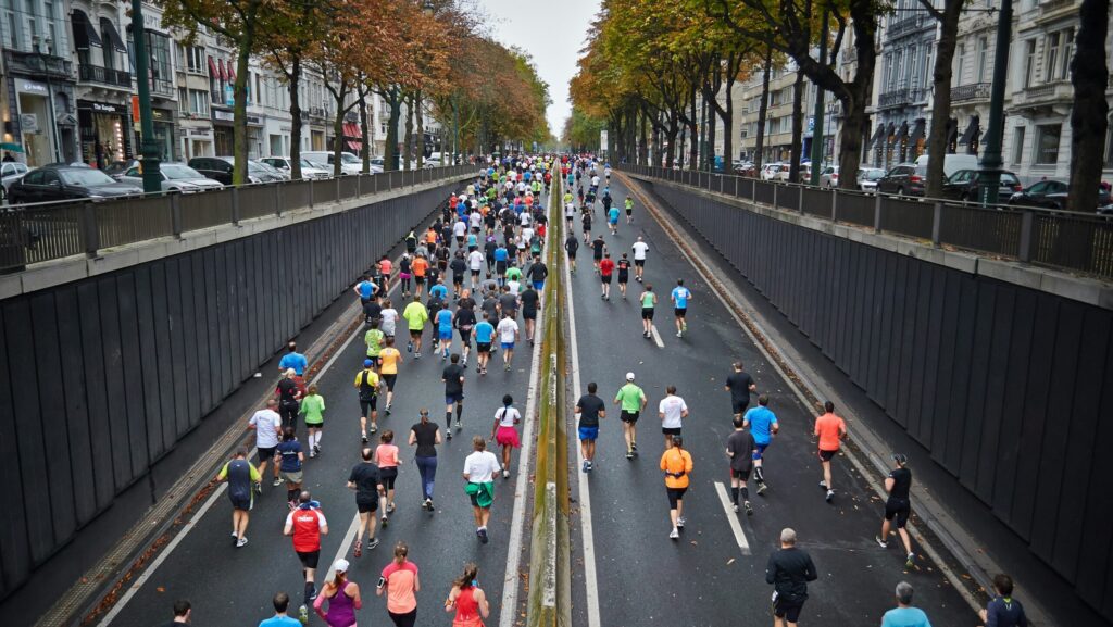 Runners in brightly coloured tops running up a road lined by trees as part of a Marathon event