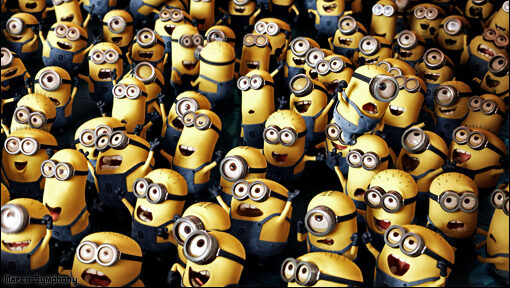 a crowd of yellow cartoon minions with big eyeballs and blue dungarees representing Despicable Me 4.