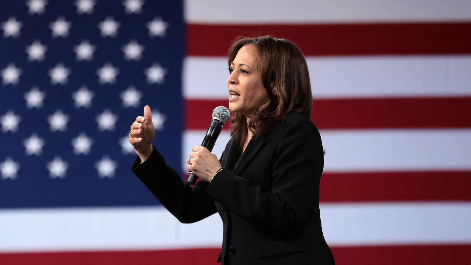 Kamala Harris speaking into microphone in front of USA flag.