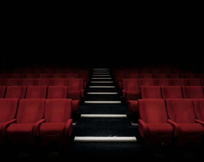 A dark cinema room with red chairs