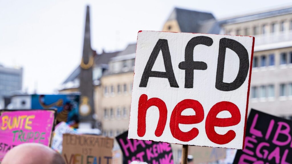 Image of protest signs in Germany. Germany's Far-Right Party