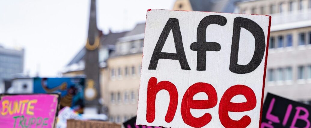 Image of protest signs in Germany. Germany's Far-Right Party